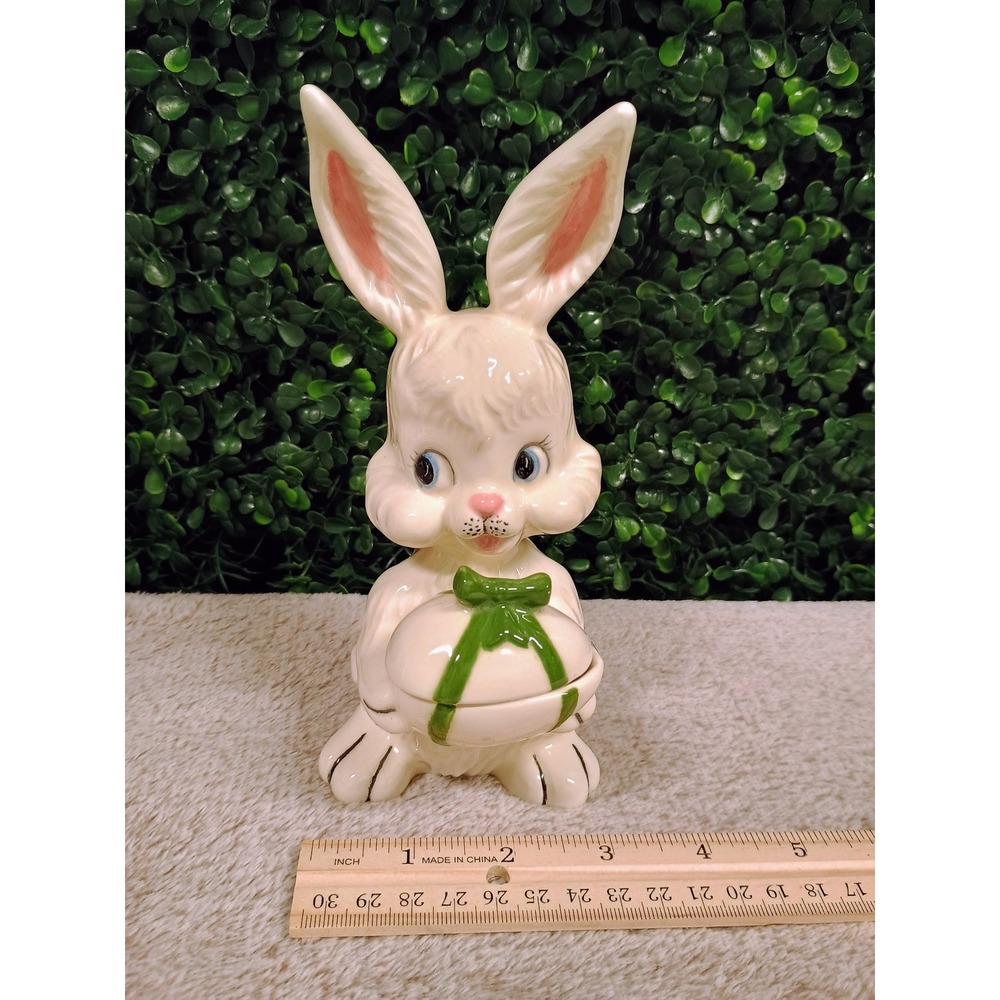 Vintage Ceramic Easter Bunny Anthropomorphic White‎ Rabbit Trinket Box Figurine